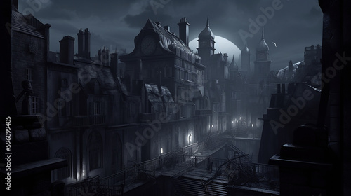 A dark gothic city with mist at night, made with generative AI