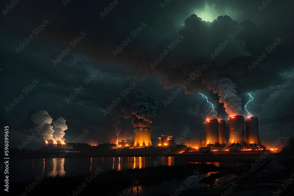 Power plant, chimneys with smoke and fire. Global warming, ecology and climate change concept. AI generated illustration