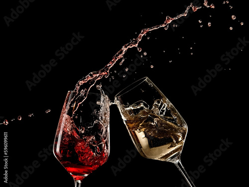 Red and white wine splash on black background