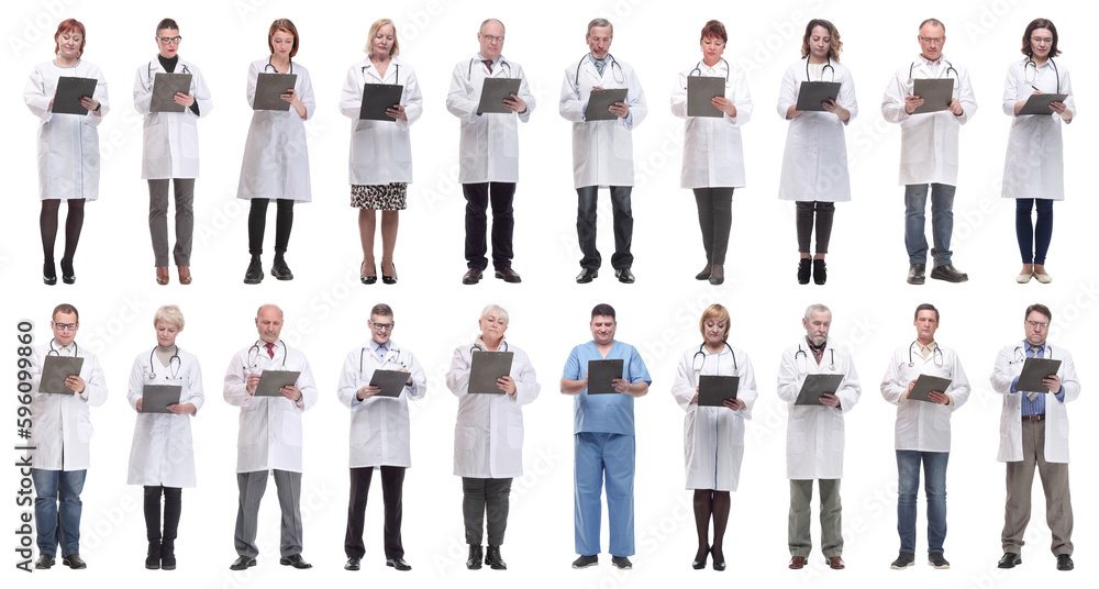 full length group of doctors with notepad isolated