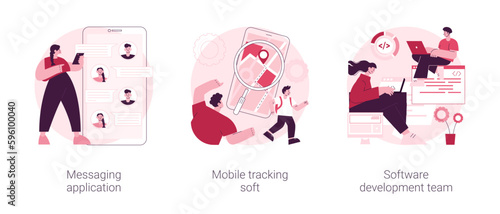 Smartphone application abstract concept vector illustration set. Messaging application, mobile tracking soft, software development team, chat app, gps tracking, outsource company abstract metaphor.