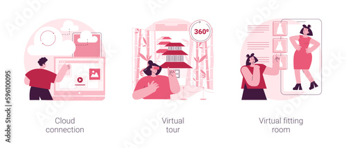 Online data transfer and virtual experience abstract concept vector illustration set. Cloud connection, virtual tour, virtual fitting room, internet connection, web 3d tour abstract metaphor.