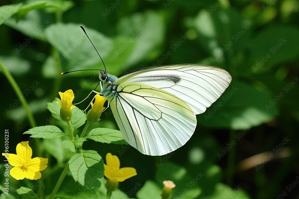 white butterfly perched on a bright yellow flower. Generative AI white butterfly perched on a bright yellow flower. Generative AI