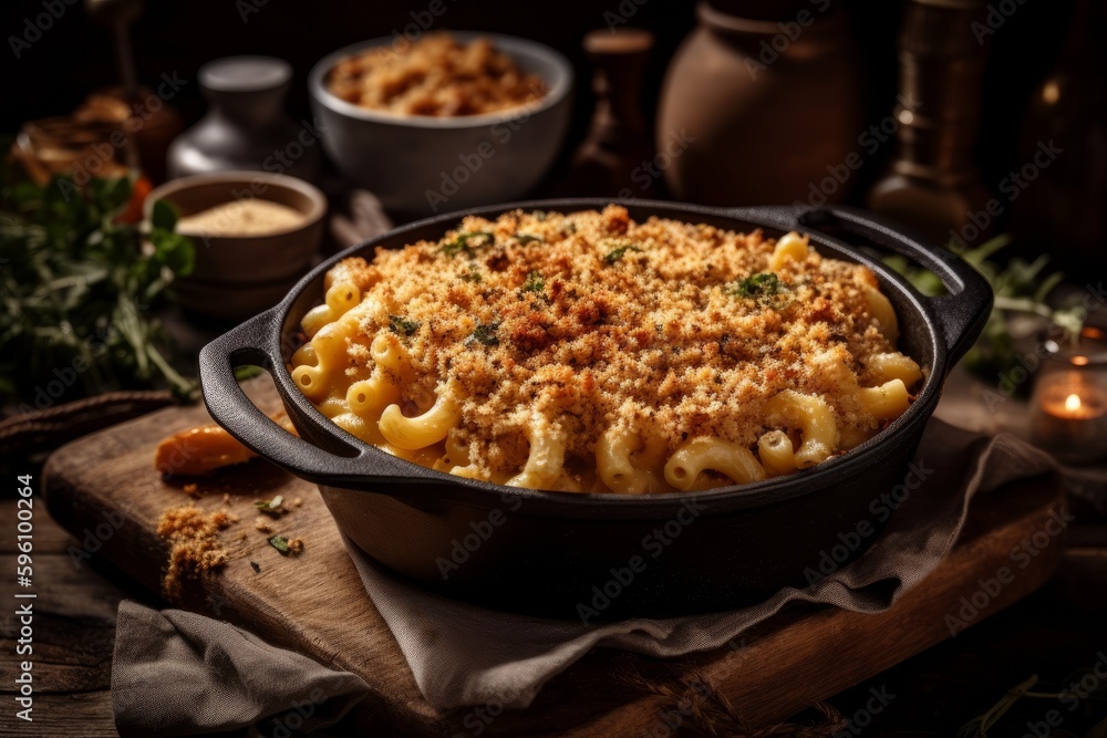 A bowl of creamy mac and cheese with generous amounts of tender pulled pork mixed in. The dish is topped with breadcrumbs and baked to perfection.Generative AI.