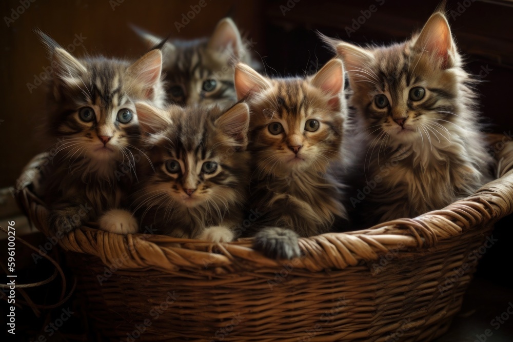A basket of kittens peeking over the rim, bright eyes cuteness. Generative AI.