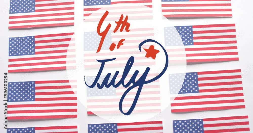 Animation of 4th of july text over flags of united states of america on white background Animation of 4th of july text over flags of united states of america on white background