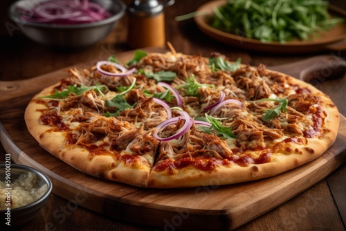 A thin crust pizza topped with tender pulled pork, red onions, and mozzarella cheese. The pizza is baked to perfection and served on a wooden board. Generative AI.