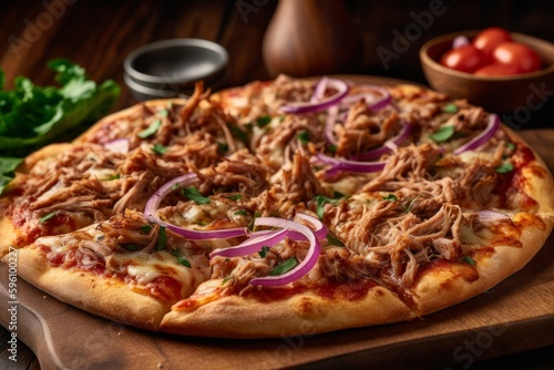 A thin crust pizza topped with tender pulled pork, red onions, and mozzarella cheese. The pizza is baked to perfection and served on a wooden board. Generative AI.