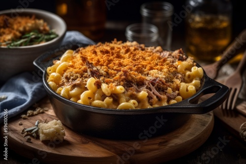 A bowl of creamy mac and cheese with generous amounts of tender pulled pork mixed in. The dish is topped with breadcrumbs and baked to perfection.Generative AI.