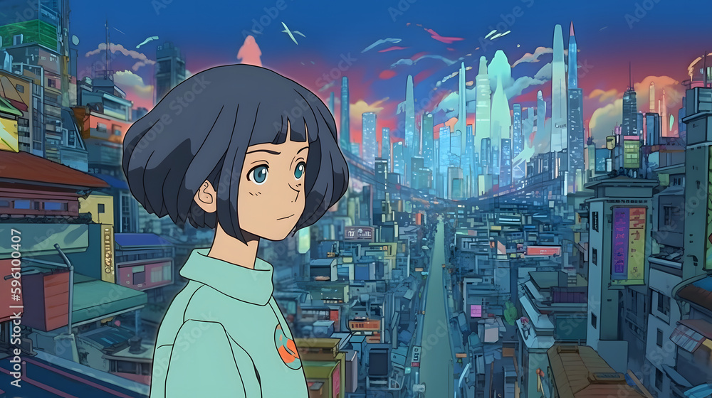 Futuristic Anime Girl in an Asian Metropolis