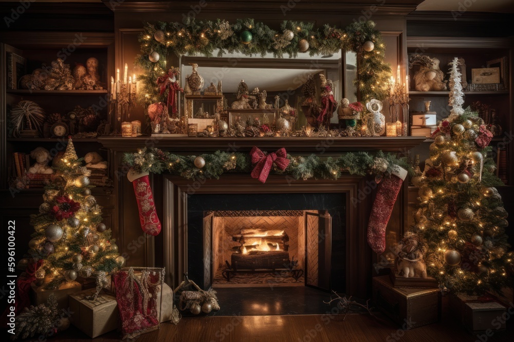 A fireplace mantel covered in decorated Christmas trees, garlands of tinsel, gingerbread houses, old antique ornaments with handwritten notes tied to branches about family memories. Generative AI