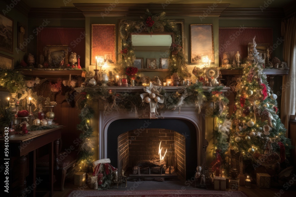 A fireplace mantel covered in decorated Christmas trees, garlands of tinsel, gingerbread houses, old antique ornaments with handwritten notes tied to branches about family memories. Generative AI