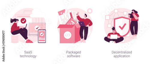 Application service abstract concept vector illustration set. SaaS technology, packaged software, decentralized application, cloud computing, software licensing, subscription abstract metaphor.