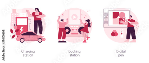 Electronic device use and charge abstract concept vector illustration set. Charging station, docking station, digital pen, electrical outlet, battery capacity, play music, connect abstract metaphor.