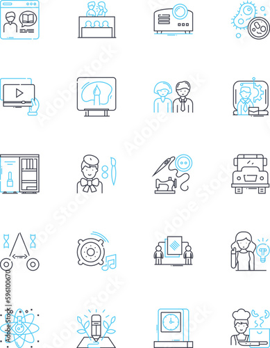 Knowledge building linear icons set. Collaboration, Research, Learning, Discovery, Exploration, Innovation, Problem-solving line vector and concept signs. Analysis,Synthesis,Inquiry outline