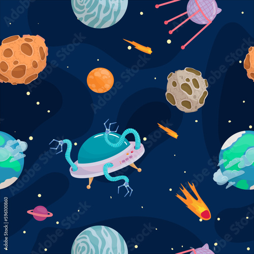 UFOs, spaceships, rockets. Solar system, intergalactic travel. Galaxies, planets, asteroids, comets, shooting stars. Vector illustration in cartoon style on a white background.