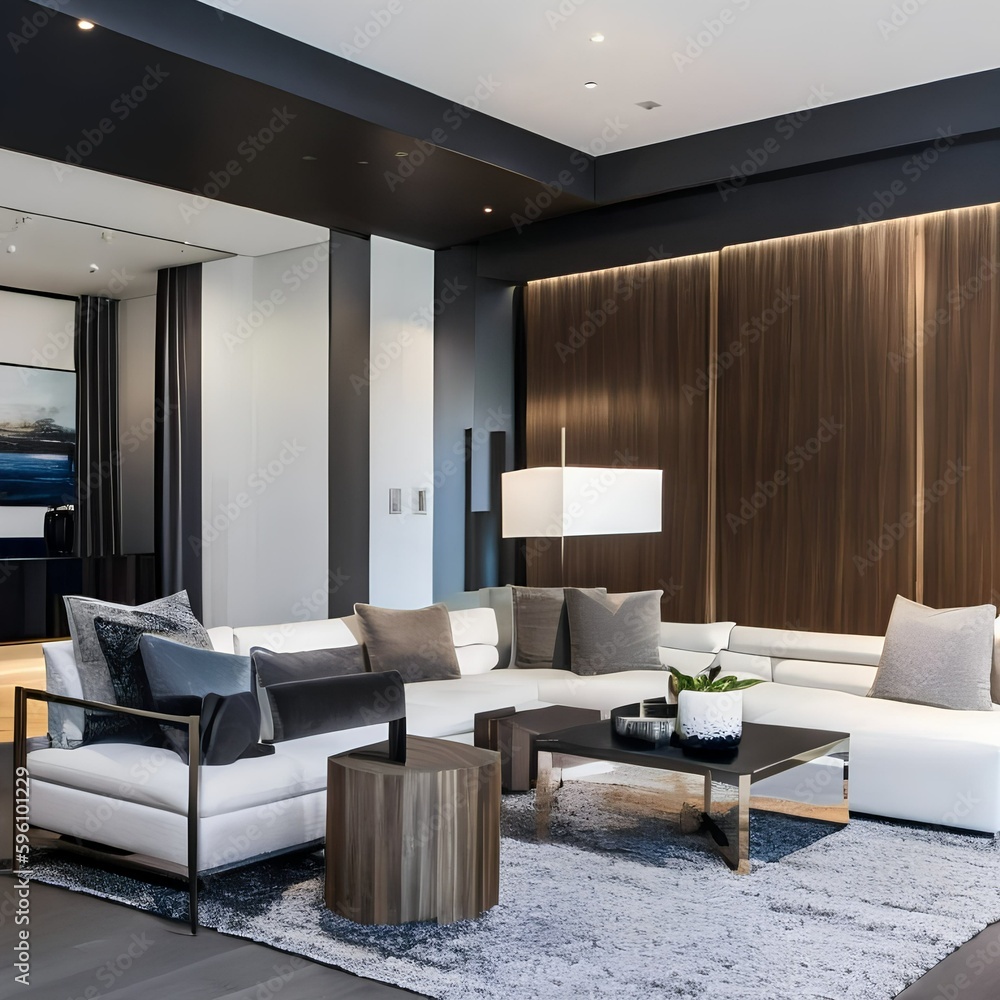 14 A sleek, modern living room with a mix of white and black finishes, a low-profile sectional sofa, and a large, abstract painting4, Generative AI 14 A sleek, modern living room with a mix of white and black finishes, a low-profile sectional sofa, and a large, abstract painting4, Generative AI