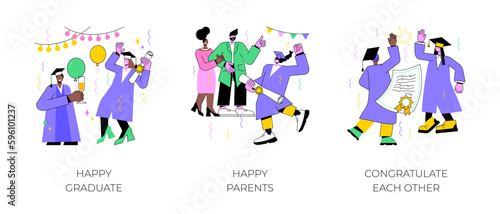 Happy graduates isolated cartoon vector illustrations set. Smiling student with diploma in hands, college education over, joyful parents congratulate their child, classmates hugging vector cartoon.