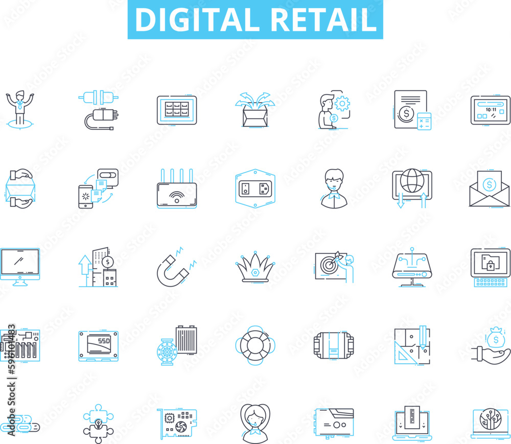 Digital retail linear icons set. E-commerce, Omnichannel, Personalization, Mobile, AI, Virtual, Augmented line vector and concept signs. Social,Analytics,Cybersecurity outline illustrations Digital retail linear icons set. E-commerce, Omnichannel, Personalization, Mobile, AI, Virtual, Augmented line vector and concept signs. Social,Analytics,Cybersecurity outline illustrations