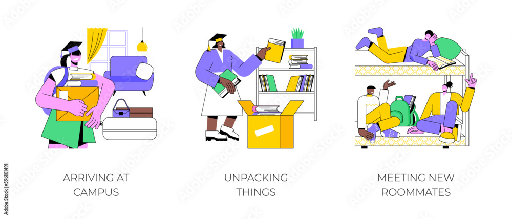 Arriving to campus isolated cartoon vector illustrations set. Smiling student comes in dormitory, unpacking things in new room, meeting roommates, college first academic year vector cartoon.