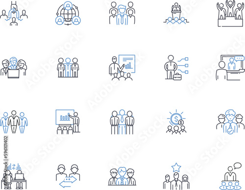 Coalescence line icons collection. Fusion, Amalgamation, Merging, Integration, Convergence, Consolidation, Harmonization vector and linear illustration. Union,Blending,Cohesion outline signs set