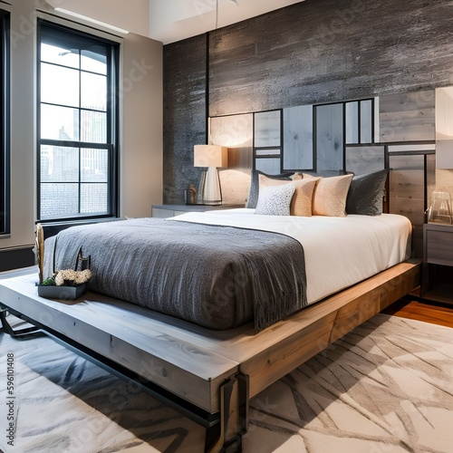 6 A modern, industrial-inspired bedroom with a mix of metal and wood finishes, a low platform bed, and a mix of patterned and solid bedding2, Generative AI
