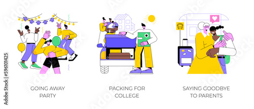 Leaving to campus isolated cartoon vector illustrations set. Organize college admission party, happy student packing for college, saying goodbye to parents, going to university vector cartoon.