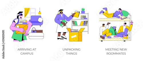 Arriving to campus isolated cartoon vector illustrations set. Smiling student comes in dormitory, unpacking things in new room, meeting roommates, college first academic year vector cartoon.