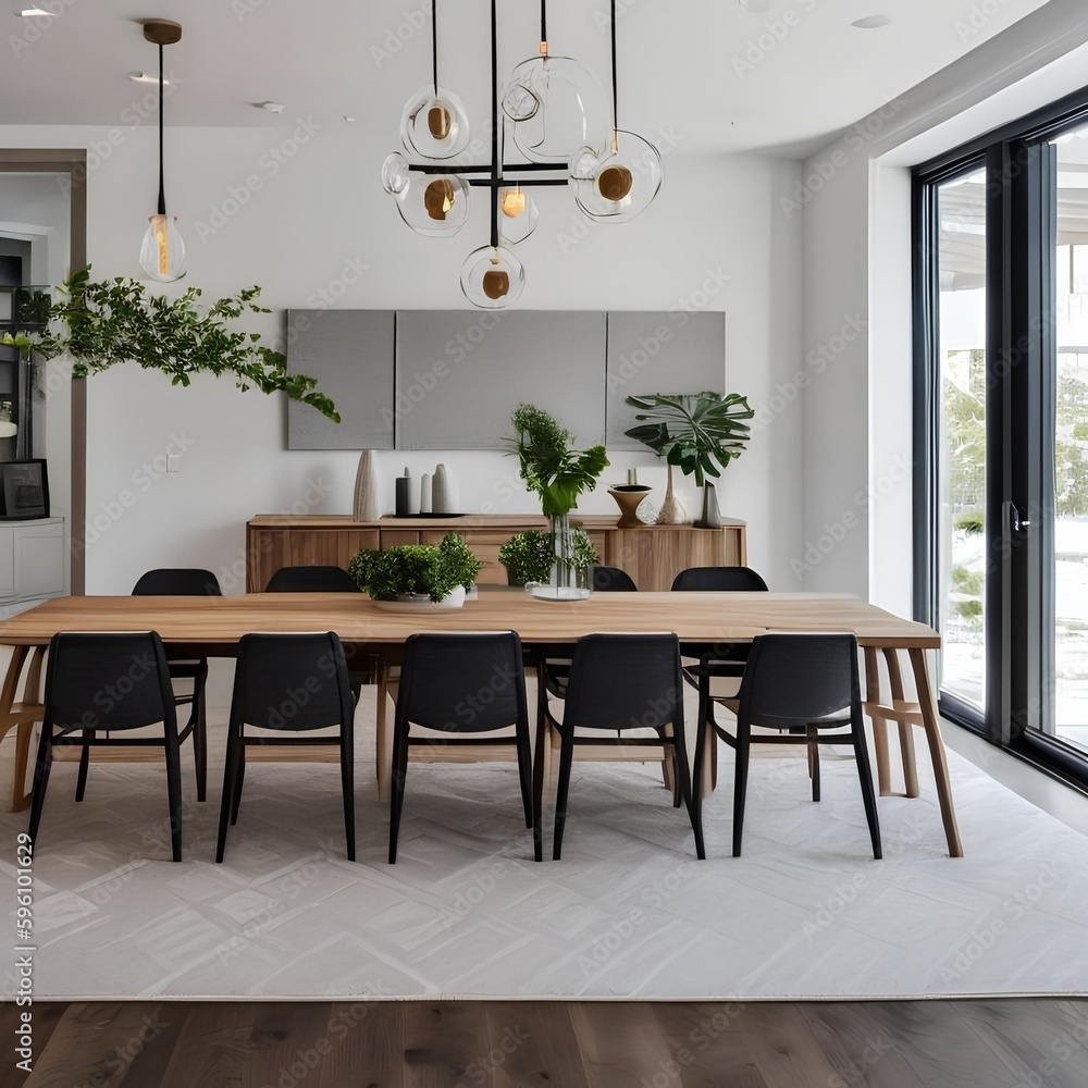 16 A cozy, Scandinavian-inspired dining room with a mix of neutral and textured finishes, a mix of upholstered and wooden chairs, and a statement light fixture3, Generative AI