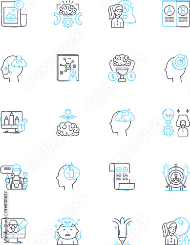Reflection linear icons set. Contemplation, Pondering, Self-awareness, Introspection, Thinking, Musing, Cogitation line vector and concept signs. Meditative,Evaluation,Rumination outline illustrations