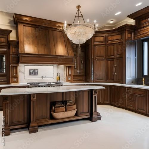 17 A traditional-style kitchen with a mix of wooden and marble finishes, a classic range hood, and a mix of open and closed storage1, Generative AI
