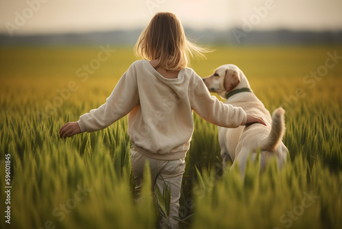 a young girl with a friend of a retriever dog in a summer field, a view from the back. Generative ai