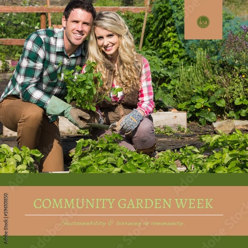 Composition of community garden week text and caucasian couple gardening
