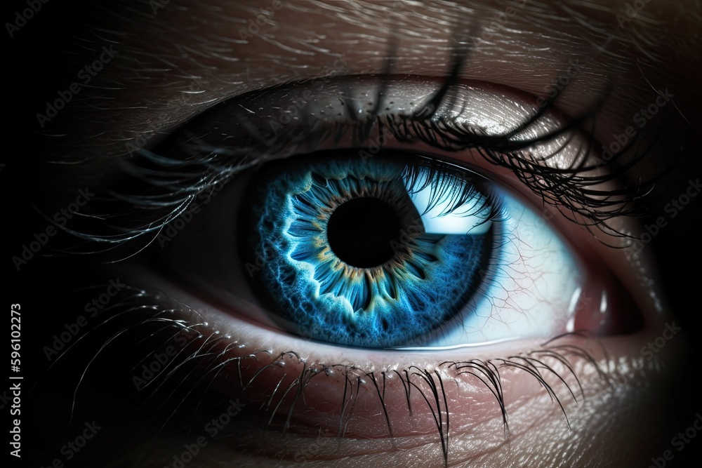 Obraz premium close-up of a blue human eye with intricate details. Generative AI