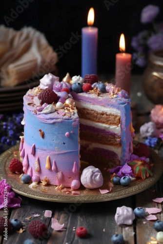 ice cream vanilla blue and pink cake sliced , Generative Ai