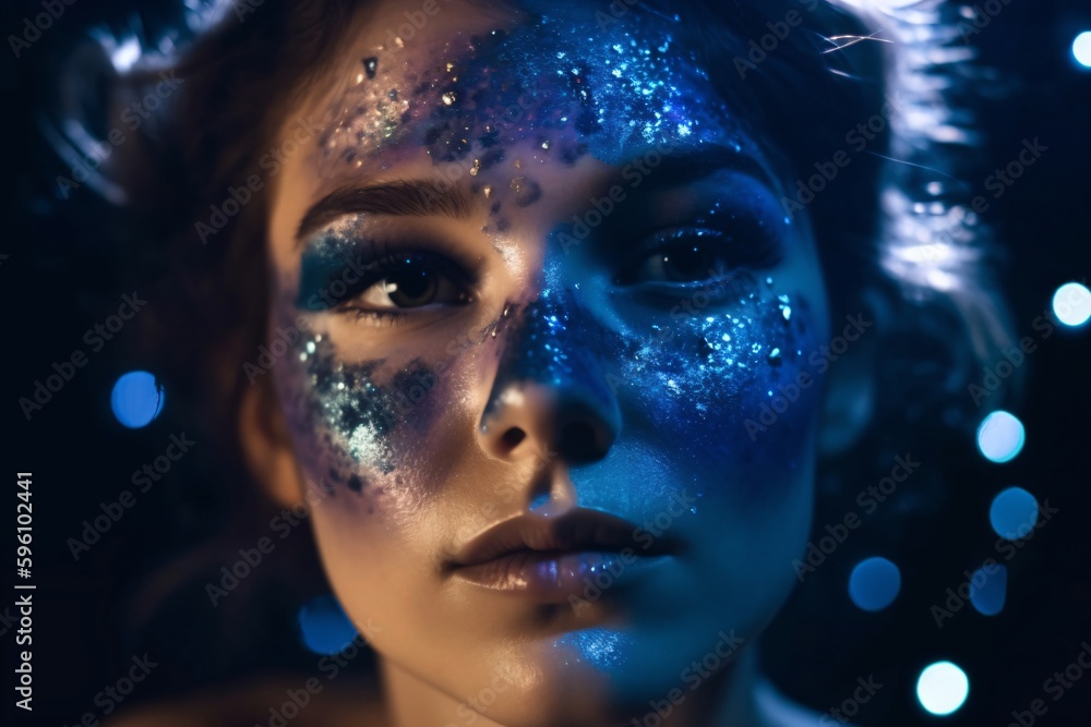 young woman with glitter make up on face created with Generative AI technology