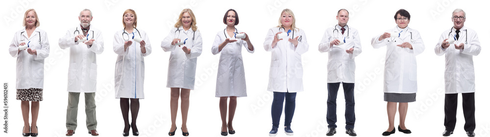 group of doctors holding jar isolated on white group of doctors holding jar isolated on white