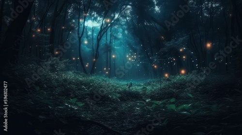 Firefly flying in the forest. Fireflies in the bush at night. Ai generative. © Juan