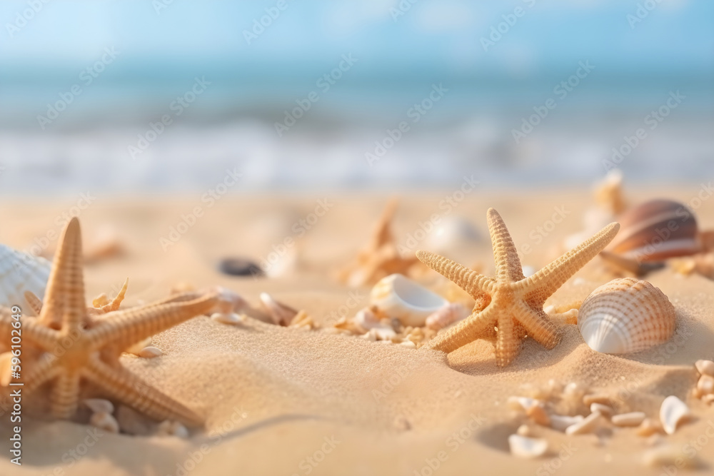 beautiful sea shells and starfishes on the seashore, sunny beach at the sea. Generative AI beautiful sea shells and starfishes on the seashore, sunny beach at the sea. Generative AI