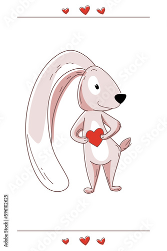 A cute vector bunny with big ears to the floor holds a heart in its paws. Postcard for mom  girlfriend  friend for Valentine s Day. Declaration of love.