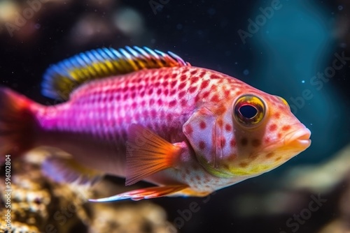 vibrant fish swimming in an aquarium with plants and corals. Generative AI