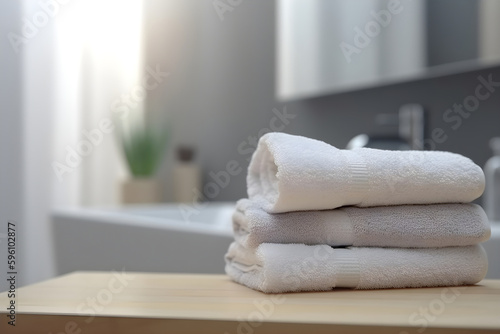 Stack of clean towels on wooden table in bathroom, free space for text. Generative AI