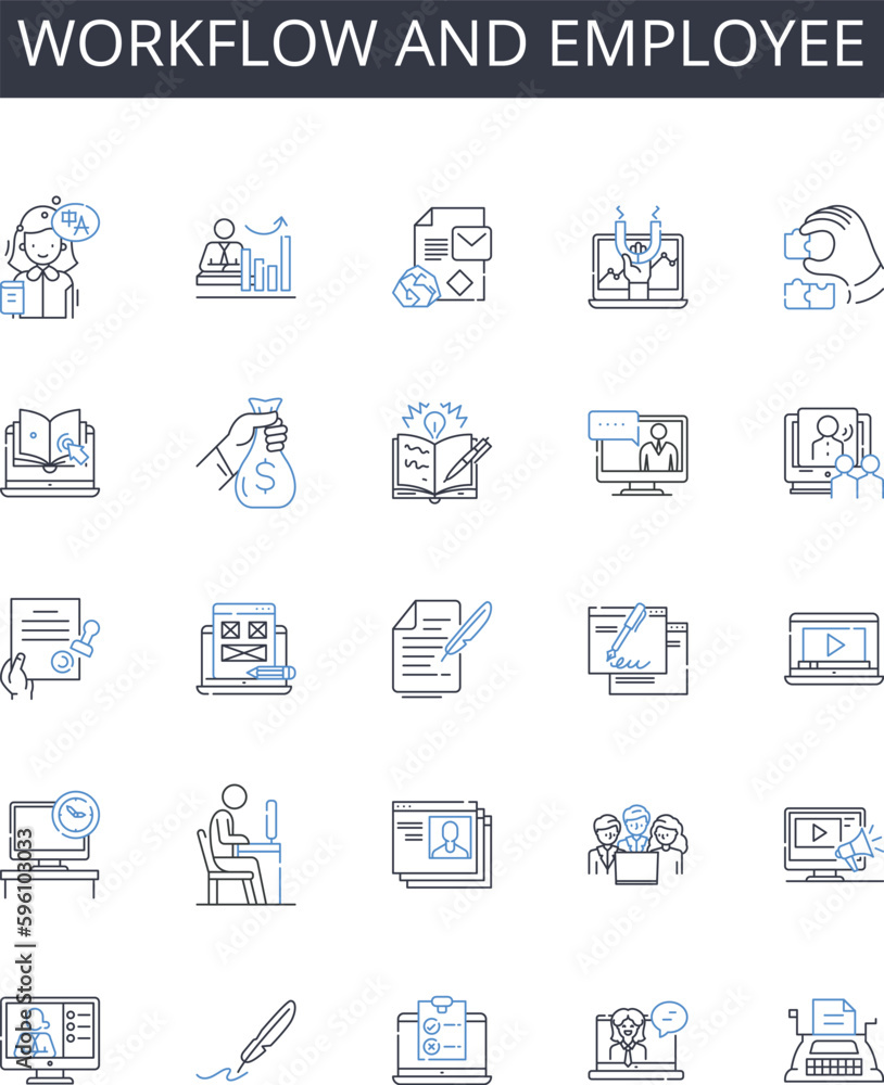 Workflow and employee line icons collection. Strategy and planning, Innovation and creativity, Collaboration and teamwork, Efficiency and optimization, Communication and feedback, Productivity and Workflow and employee line icons collection. Strategy and planning, Innovation and creativity, Collaboration and teamwork, Efficiency and optimization, Communication and feedback, Productivity and