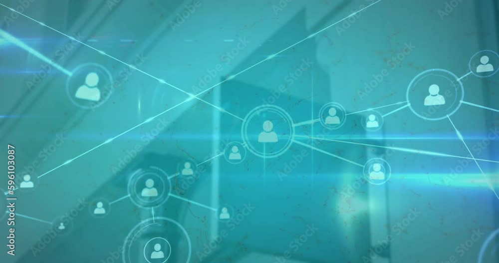 Animation of network of connections with icons over building Animation of network of connections with icons over building