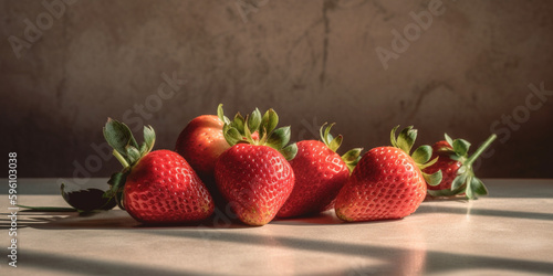 strawberries on a light red concrete wall. front view. , Generative Ai