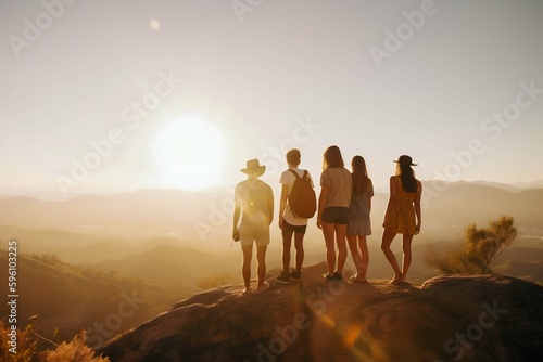 Group of Friends Seen from Behind, Standing Atop Mountain on a Summer Day Sunlight. Generative ai