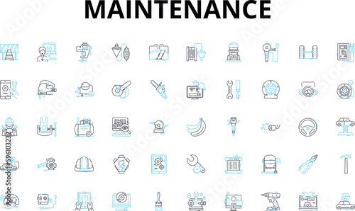 Maintenance linear icons set. Repair, Cleaning, Upkeep, Servicing, Inspection, Lubrication, Checking vector symbols and line concept signs. Care,Tuning,Replacement illustration