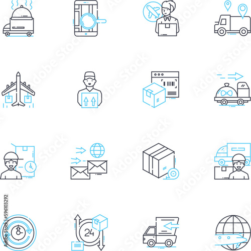 Logistic company linear icons set. Shipping, Transport, Distribution, Warehousing, Freight, Logistics, Supply chain line vector and concept signs. Inventory,Delivery,Export outline illustrations