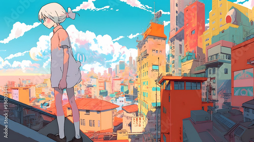 Futuristic Anime Girl in an Asian Metropolis