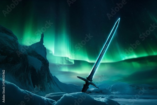 a sword with a shining blade is stuck in the snow created with Generative AI technology © StockMedia